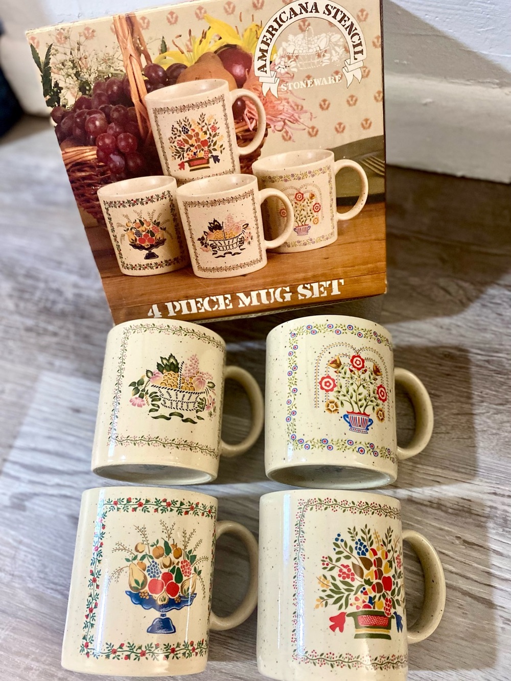 Vintage American Stencil Stoneware 4 pc Floral Mugs Retro 80s Made In Japan